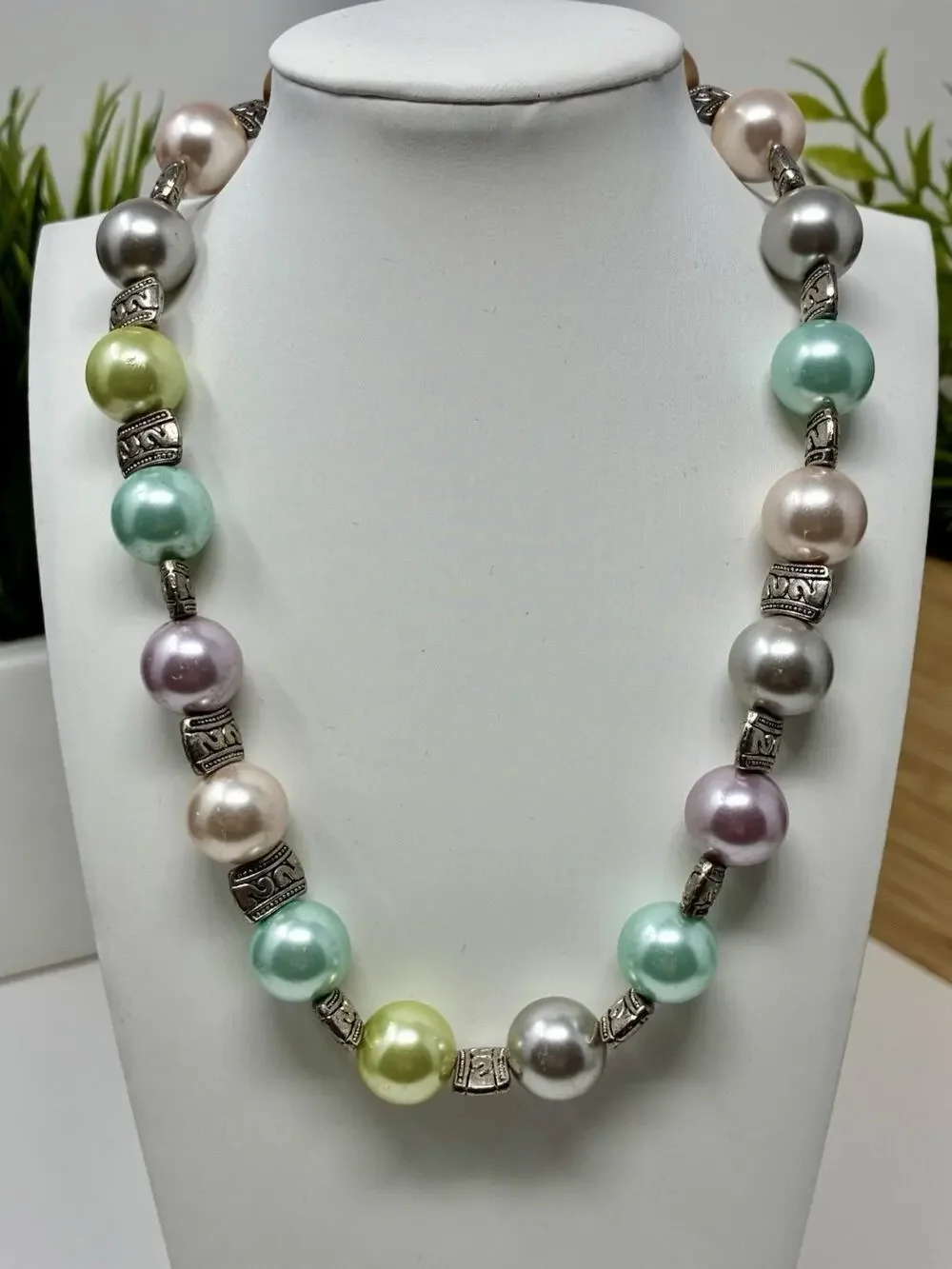 Pastel Faux pearl necklace with antiqued Silver Tone metal spacer beads.